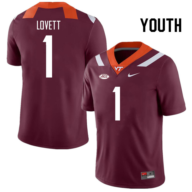 Youth #1 Dante Lovett Virginia Tech Hokies College Football Jerseys Stitched Sale-Maroon